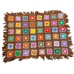 Vintage Multicolor Granny Square Crochet Throw Blanket 54x42 Fringed Edges Boho
